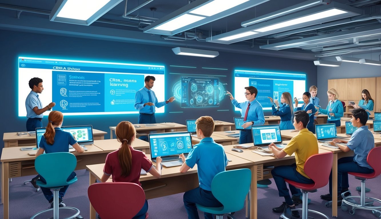 A futuristic classroom with advanced technology and students engaged in hands-on learning at CRNA schools