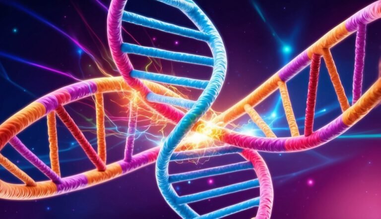 Colorful DNA strands with energy bursts against a dark, starry background