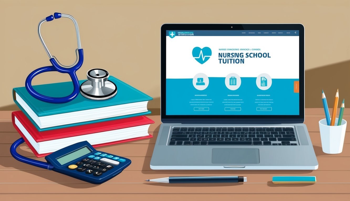 A stethoscope, textbooks, and a calculator on a desk with a laptop showing a website about nursing school tuition