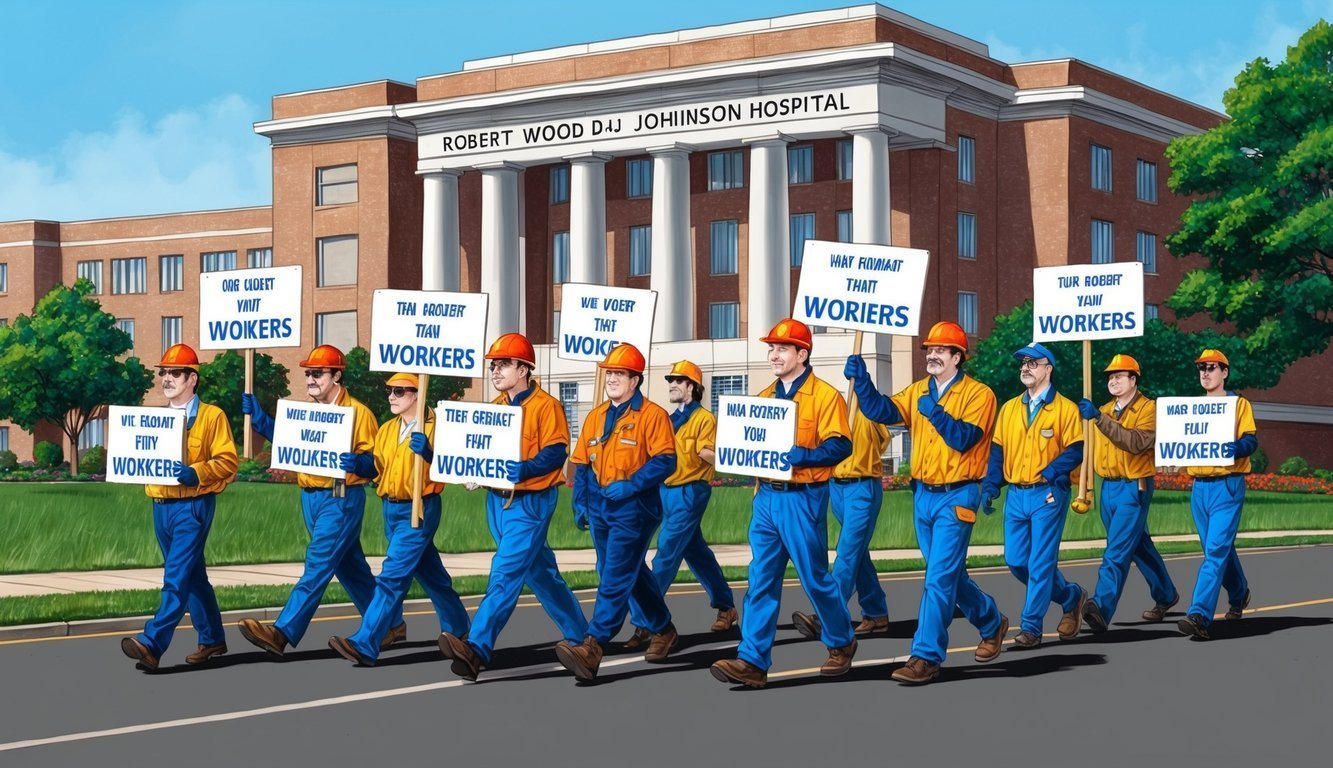 Workers marching in front of a hospital, holding signs with misspelled words