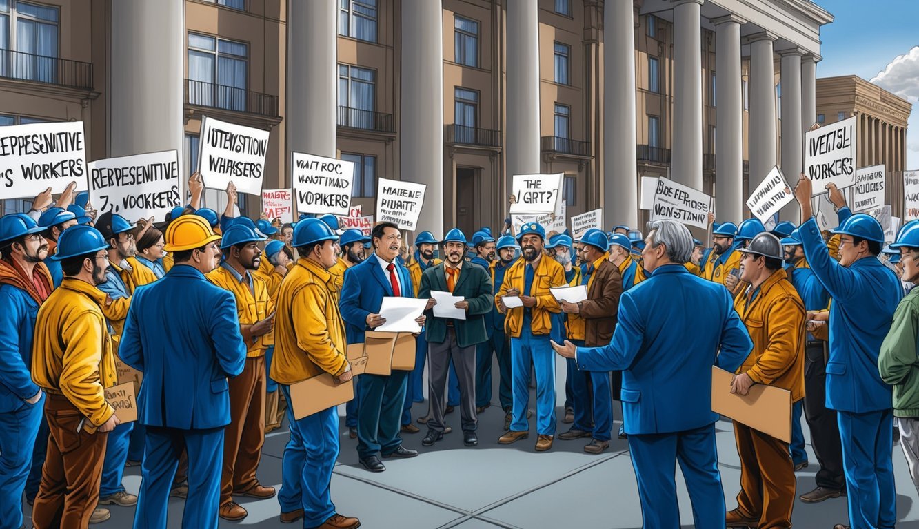 A group of workers gather outside a large building, holding signs and chanting.</p><p>Representatives from both sides engage in intense discussions