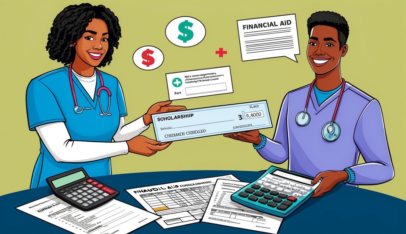 A nurse in scrubs receiving a scholarship check while surrounded by financial aid paperwork and a calculator