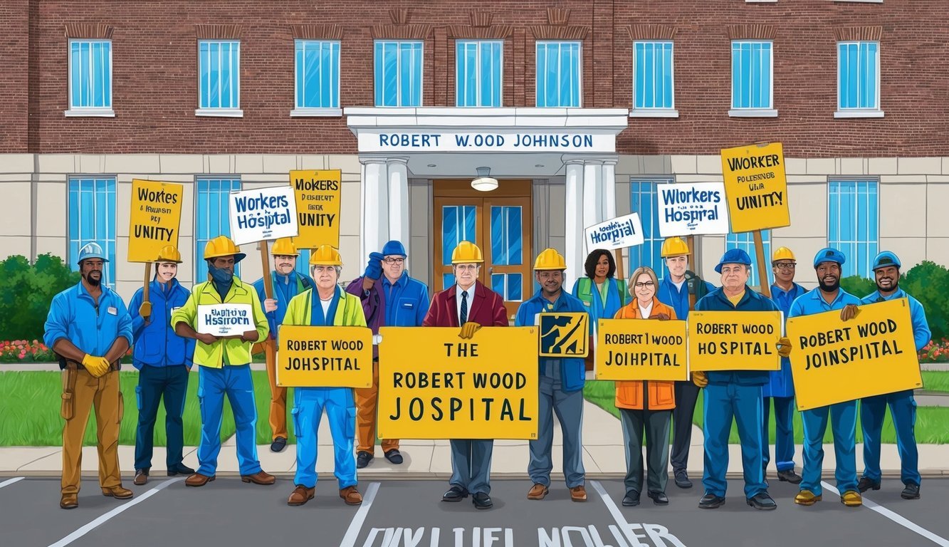 A group of workers stand in unity outside the Robert Wood Johnson hospital, holding signs and picketing in solidarity