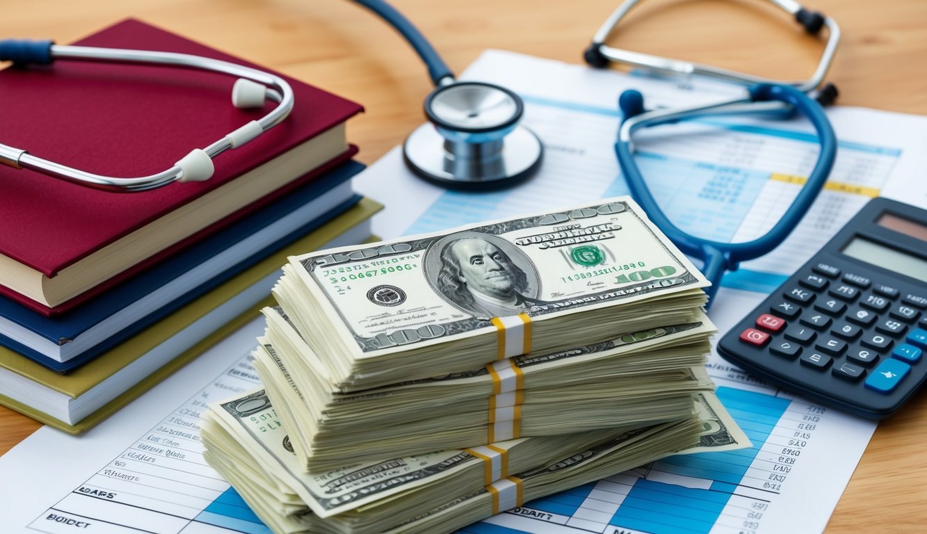 A stack of dollar bills surrounded by textbooks and a stethoscope, with a calculator and budget spreadsheet in the background