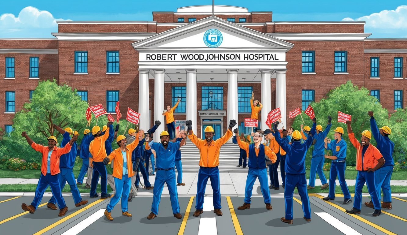 Workers celebrate outside the Robert Wood Johnson hospital after a successful strike