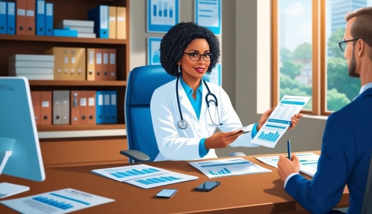 Doctor showing a patient a medical report with graphs and data