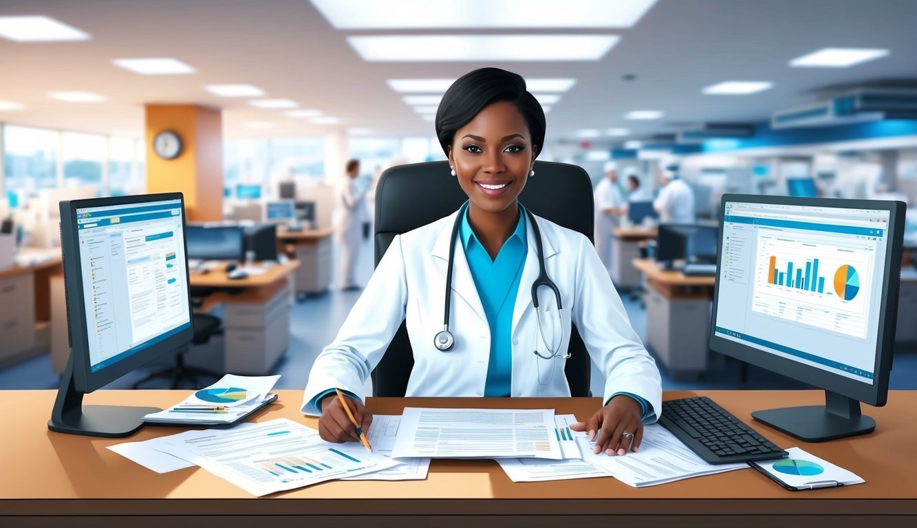 A healthcare administrator sitting at a desk, surrounded by paperwork and computer screens, with a view of a bustling hospital in the background