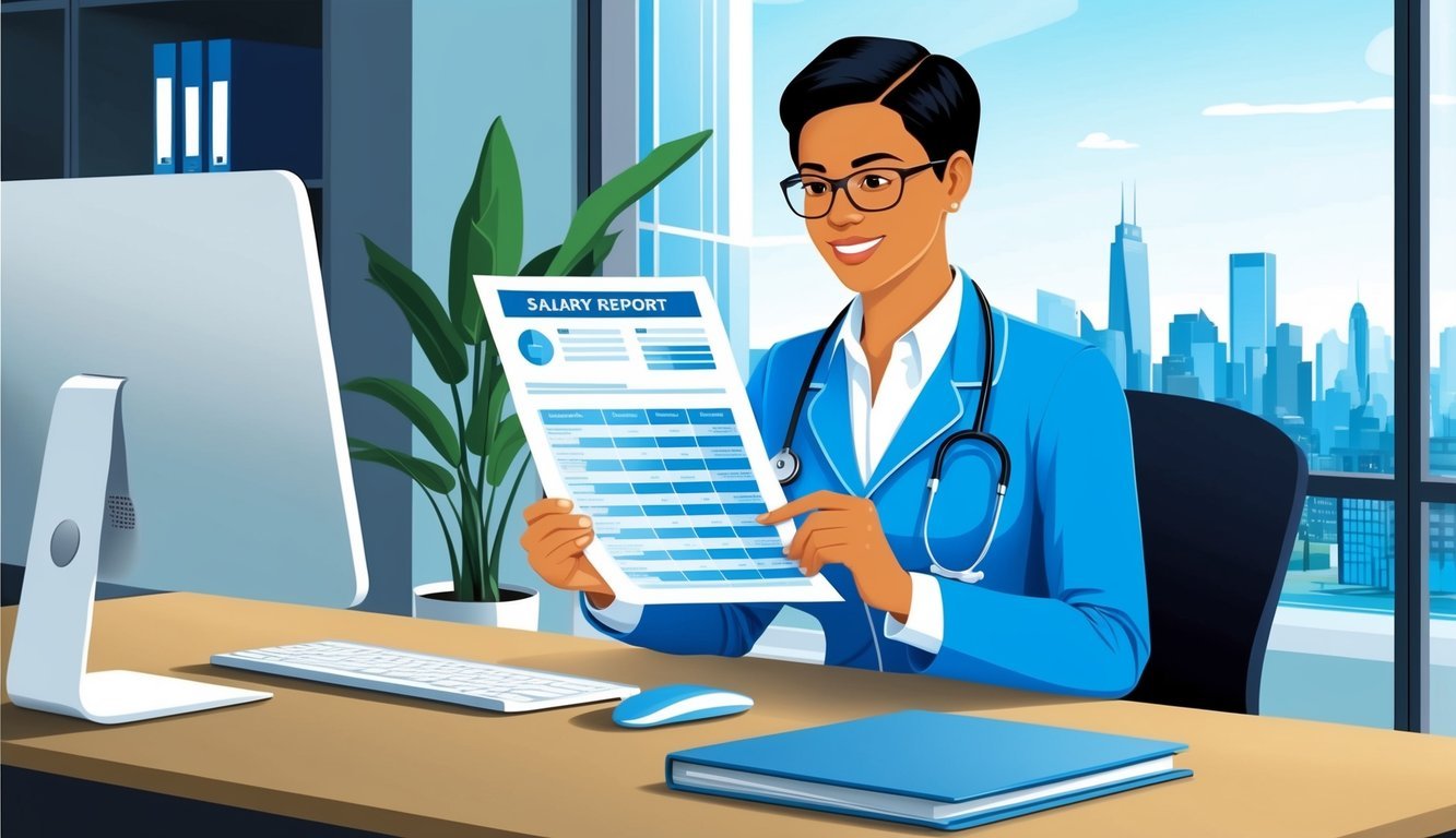 A healthcare administrator reviewing a salary report while sitting at a desk in a modern office with a computer, files, and a city skyline visible through the window