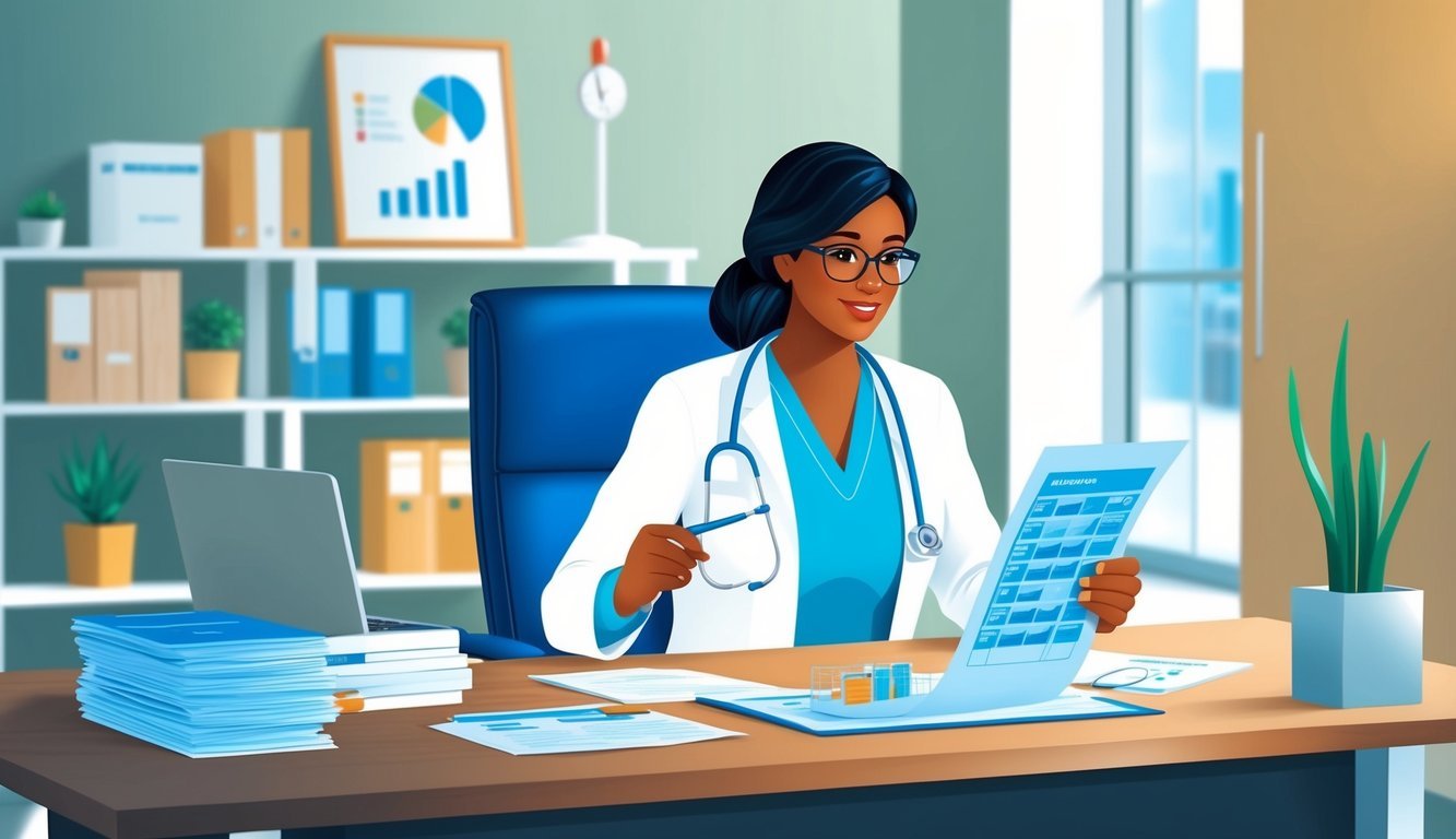 A health care administrator reviewing financial reports at a desk in a modern office setting