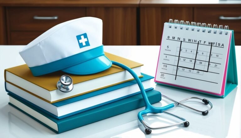 Nurse hat, stethoscope, books, and calendar on a white surface