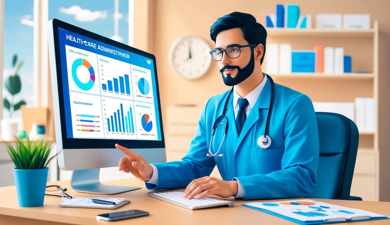 A health care administrator reviewing salary data and job market dynamics on a computer, with charts and graphs displayed on the screen