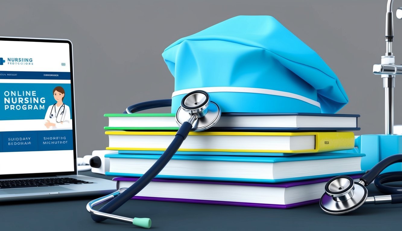 A stethoscope and nursing cap sit atop a stack of textbooks, surrounded by medical equipment and a laptop displaying an online nursing program