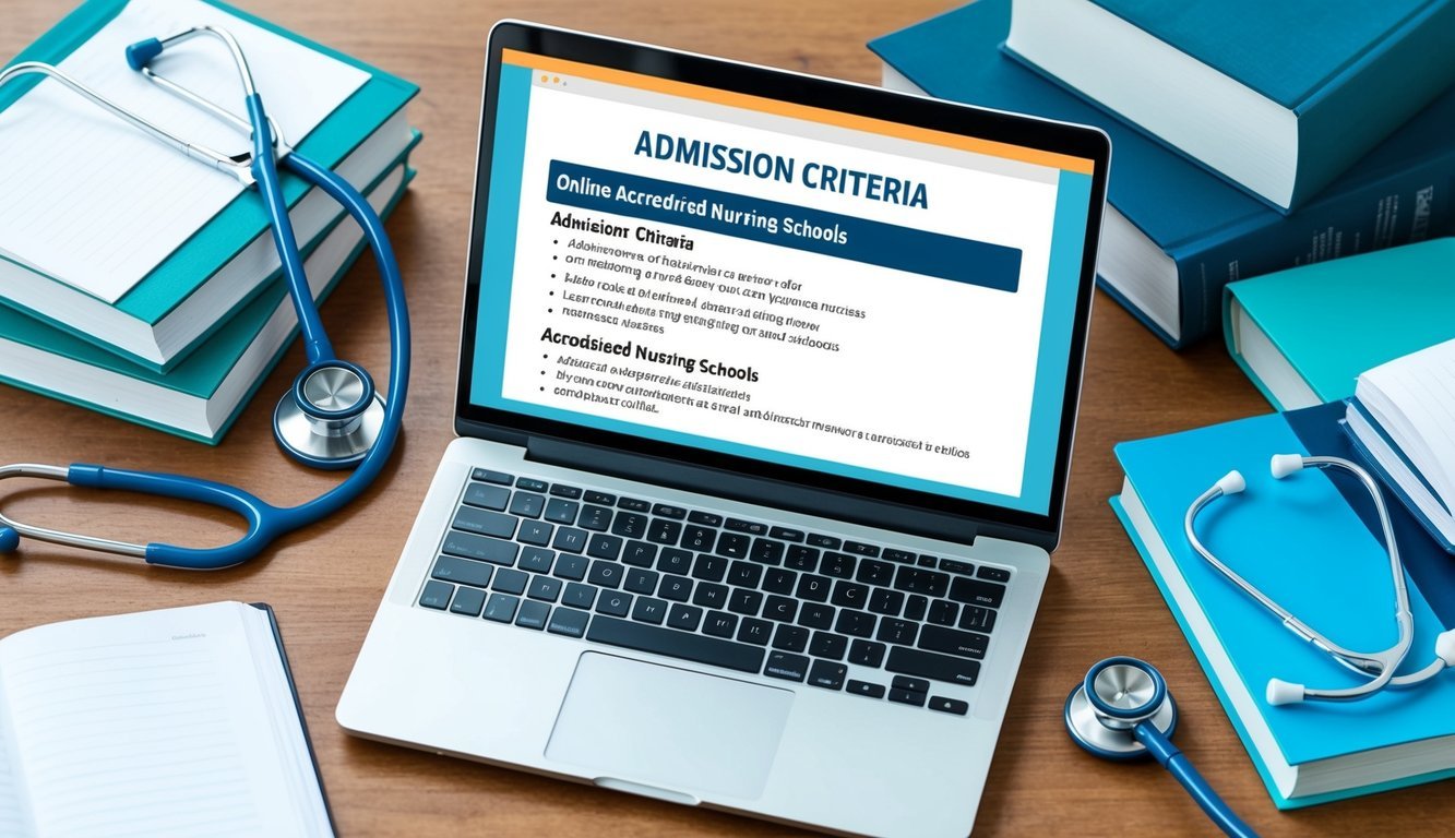 A laptop displaying a list of admission criteria for online accredited nursing schools, surrounded by nursing textbooks and a stethoscope