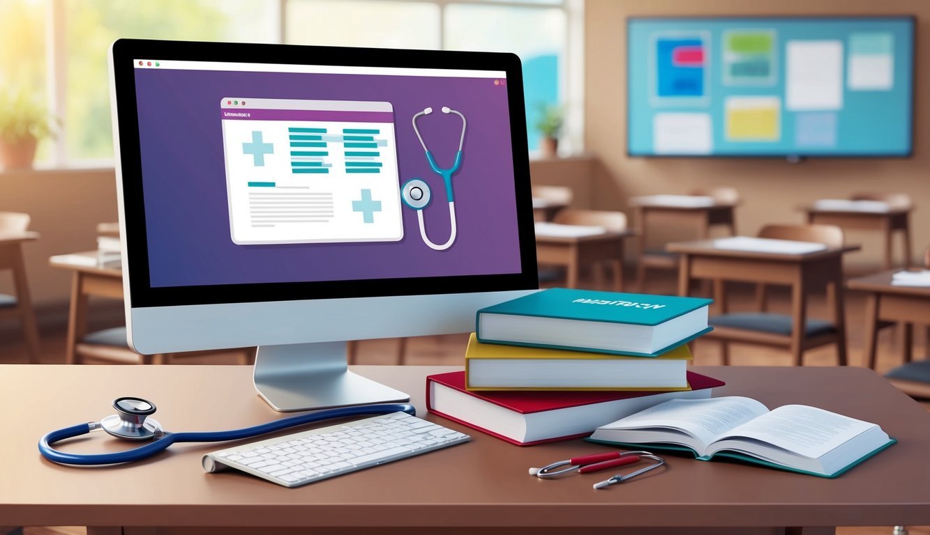 A computer with a stethoscope and nursing textbooks on a desk in front of a virtual classroom setting