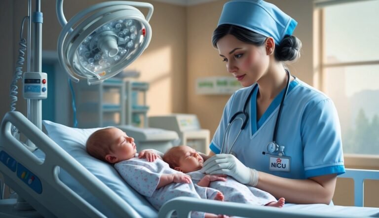 Nurse in NICU tending to newborn twins in hospital bed