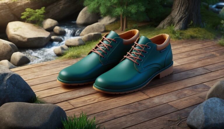 Pair of green leather shoes on a wooden deck near a stream