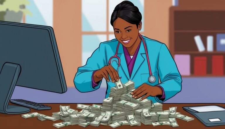 Smiling doctor in scrubs counts a large pile of cash on desk