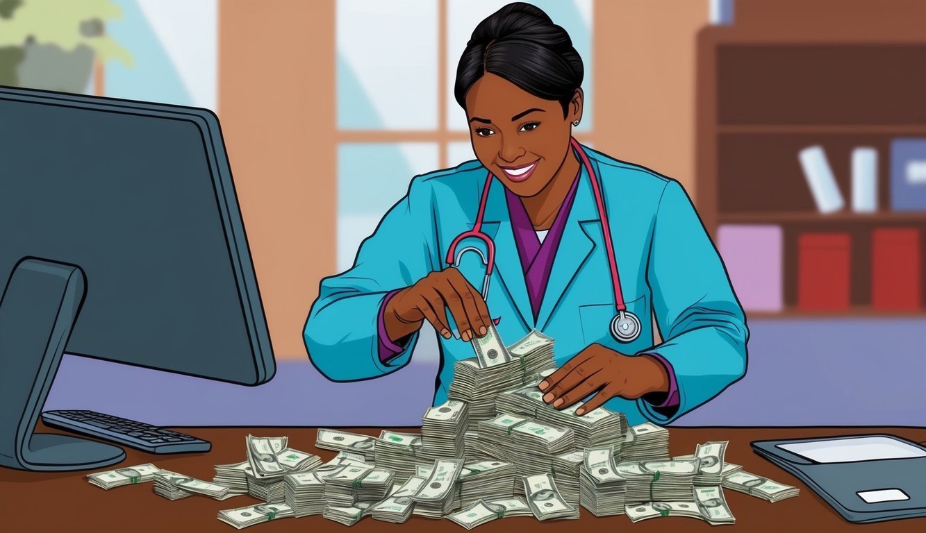 Smiling doctor in scrubs counts a large pile of cash on desk