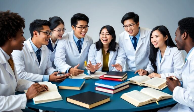 Group of diverse medical students in lab coats studying together