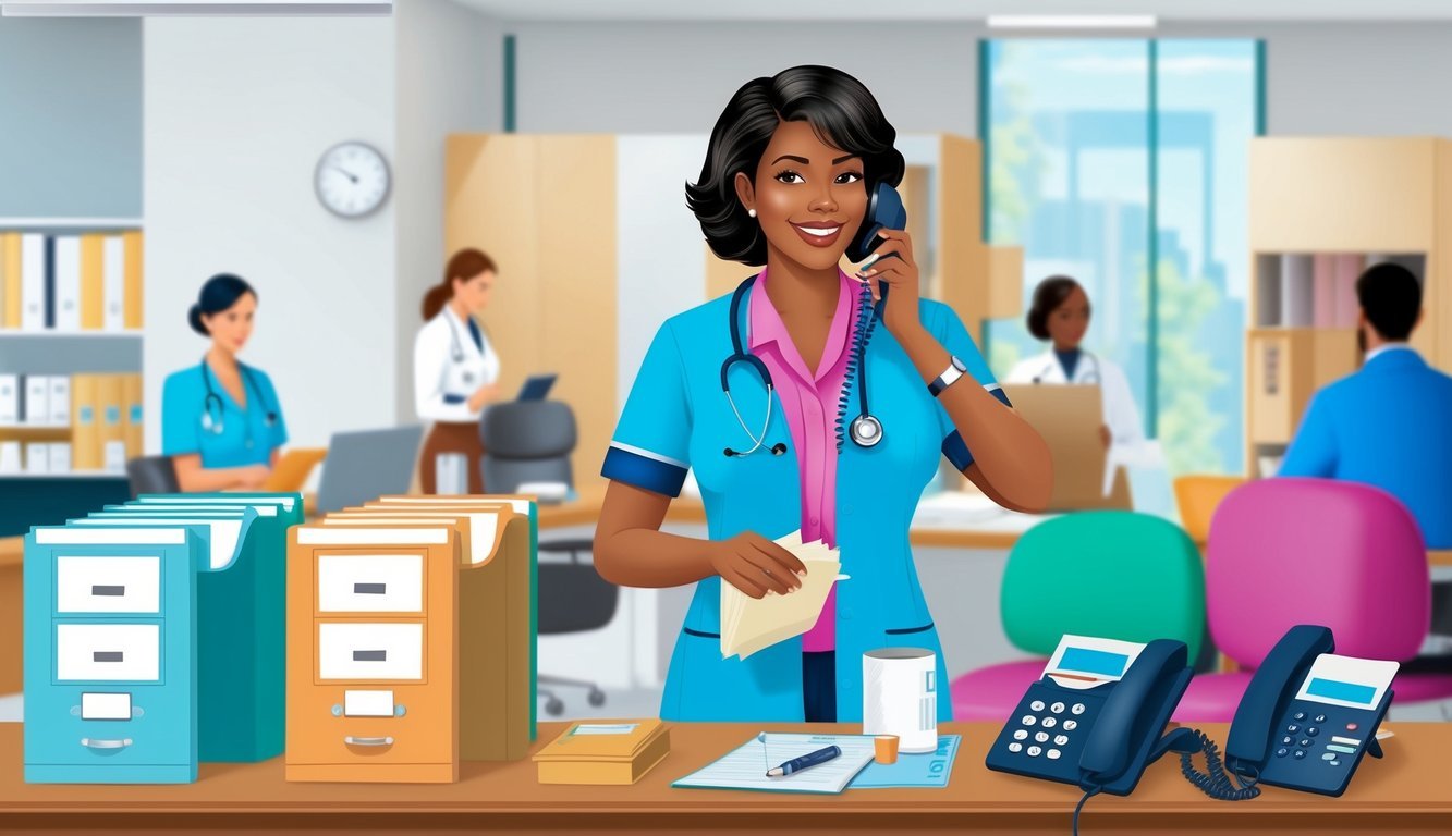 A medical administrative assistant organizing files and answering phones in a busy office setting