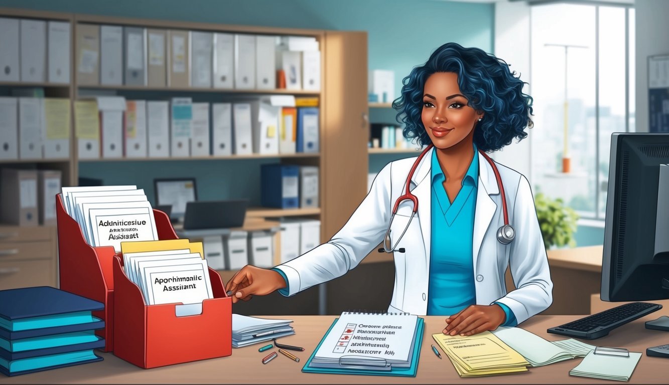 A medical administrative assistant organizing files and scheduling appointments in a busy hospital office