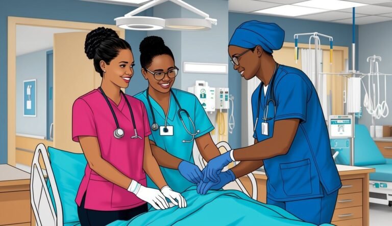 Three nurses tending to a patient in a hospital room