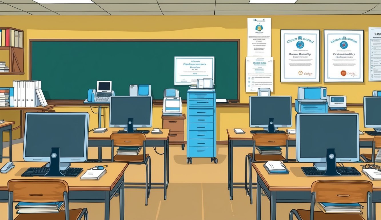 A classroom with computer stations, textbooks, and medical equipment.</p><p>A diploma and certification documents displayed on the wall