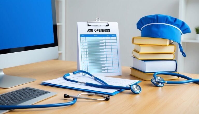 Desk with job openings, stethoscope, books, computer, and chef's hat
