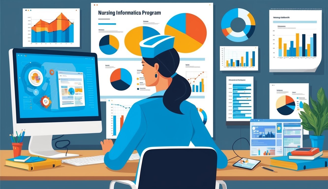 A nurse in front of a computer, surrounded by charts and graphs, while attending a nursing informatics program