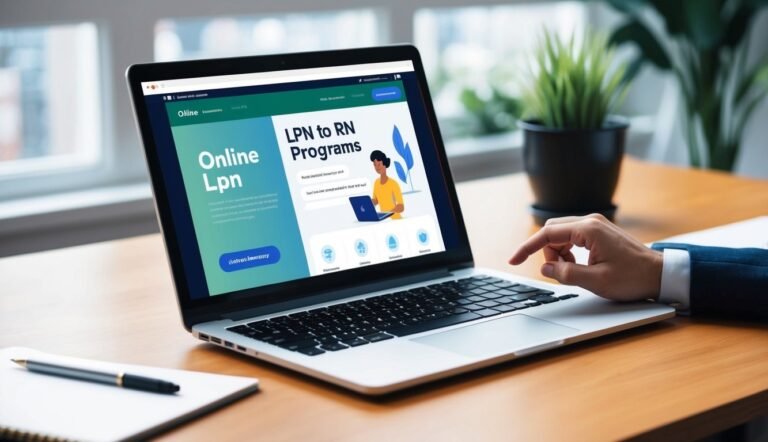 Laptop displaying an LPN to RN program website, with a hand on the keyboard