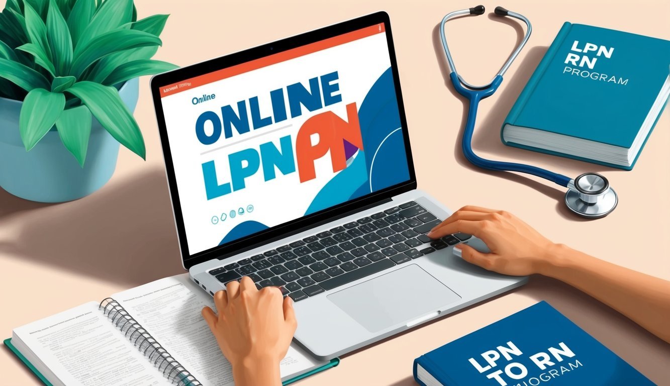 A laptop displaying an online LPN to RN program, with a stethoscope and medical textbooks nearby
