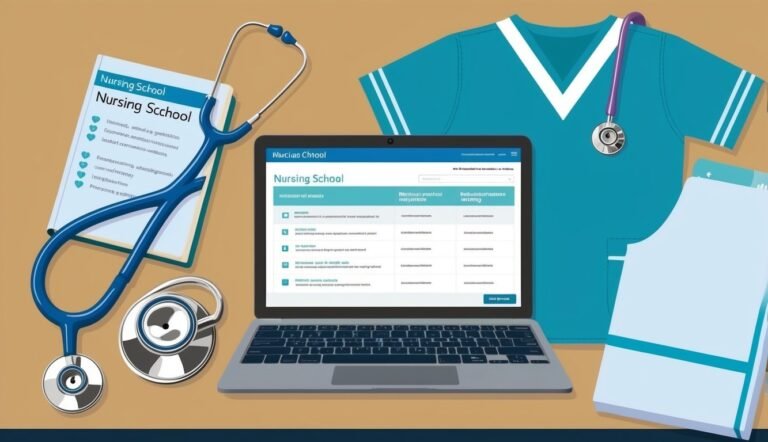 Laptop with nursing school website, stethoscope, scrubs, and notepad