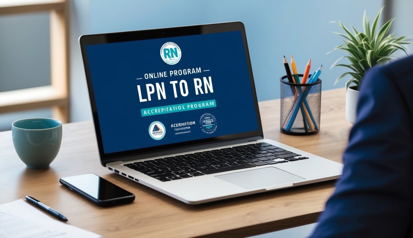 A laptop displaying an online LPN to RN program with accreditation logos and educational standards symbols