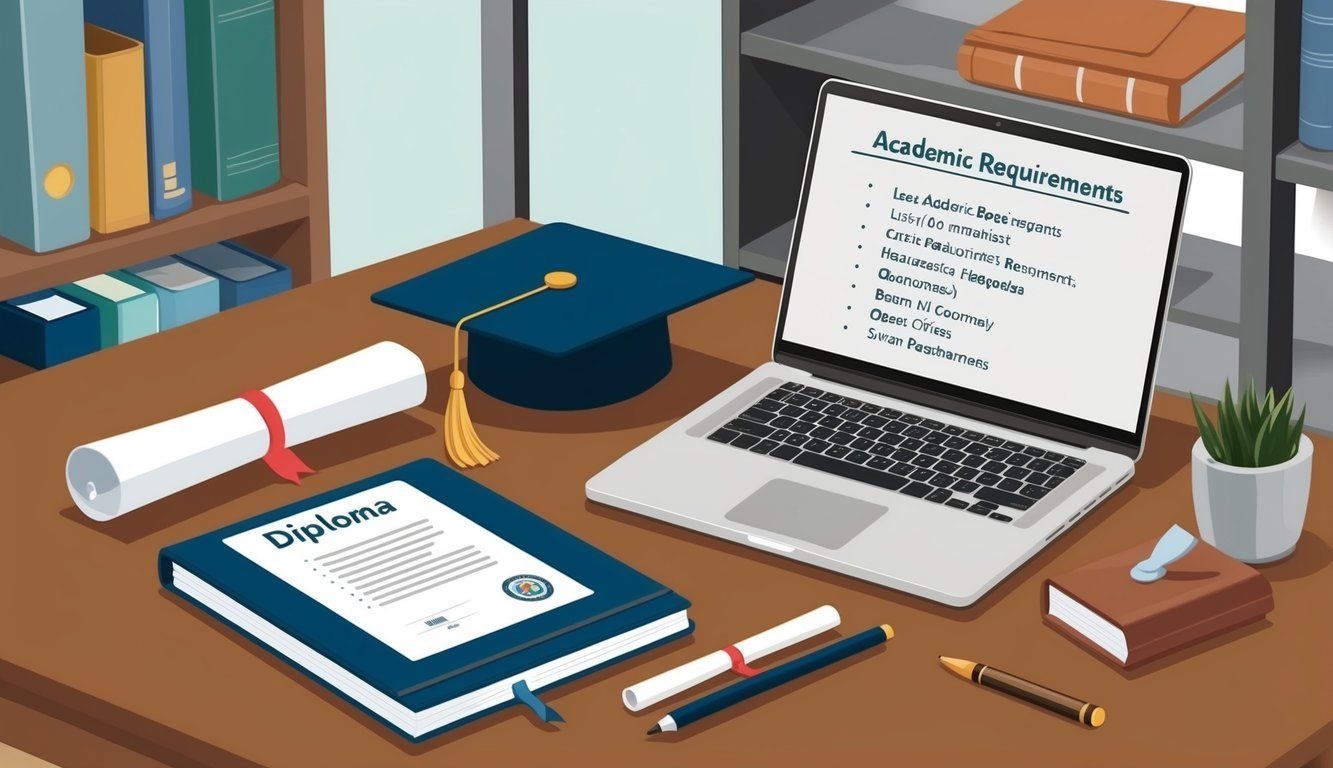A laptop with a list of academic requirements and a diploma on a desk