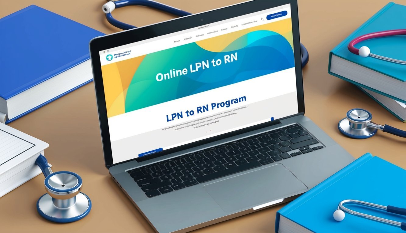 A laptop with online LPN to RN program website on screen, surrounded by medical textbooks and a stethoscope
