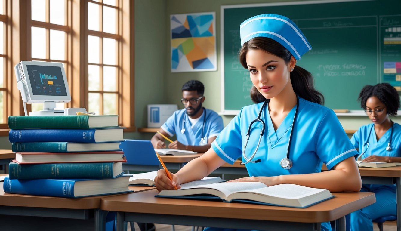 A nursing student studying textbooks and medical equipment in a classroom setting