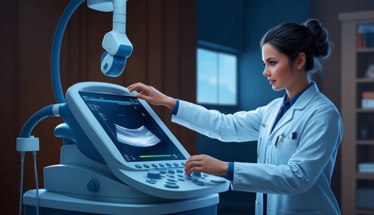 A doctor using an ultrasound machine in a medical office