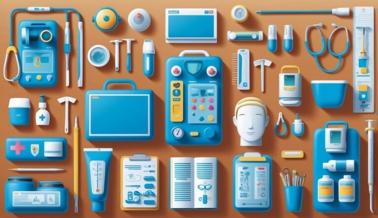 Arrangement of various blue medical tools and equipment on a brown surface