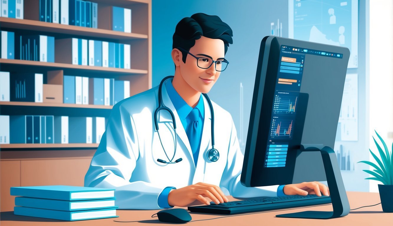 Doctor in white coat looking at computer screen with medical data