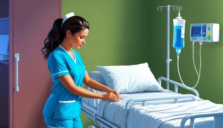 Nurse in blue scrubs adjusting bed in hospital room with IV drip