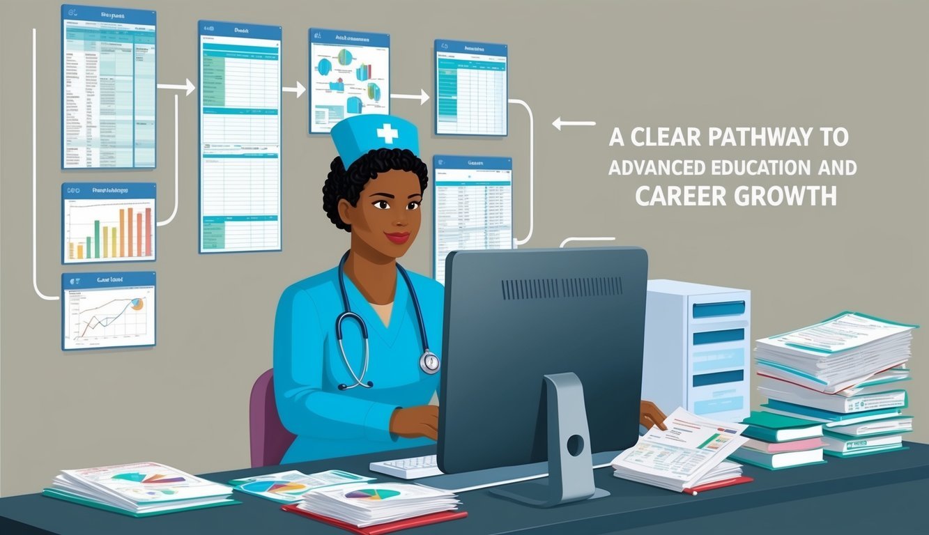 A nurse working at a computer, surrounded by medical charts and data, with a clear pathway leading to advanced education and career growth