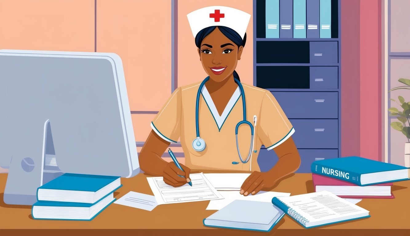 A nurse in scrubs completing paperwork at a desk with a computer and nursing textbooks