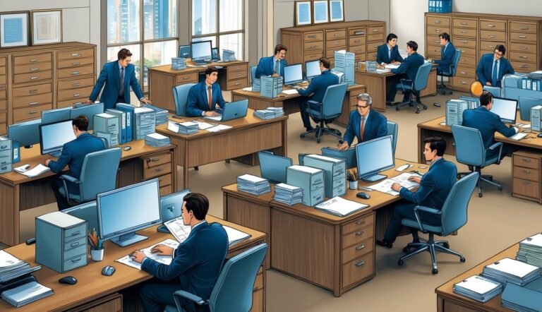 Office scene with many men in suits working at desks with computers