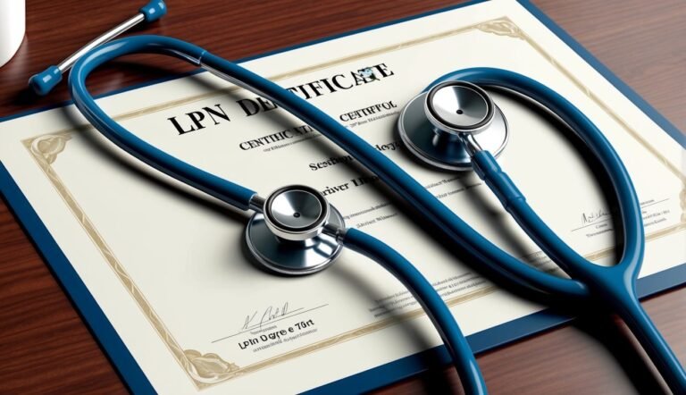 Blue stethoscope on top of an LPN certificate on a wooden surface