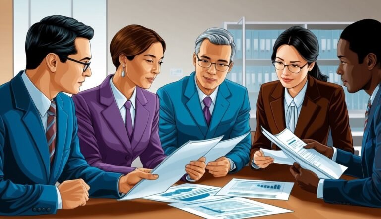 Five diverse business people reviewing documents at a conference table