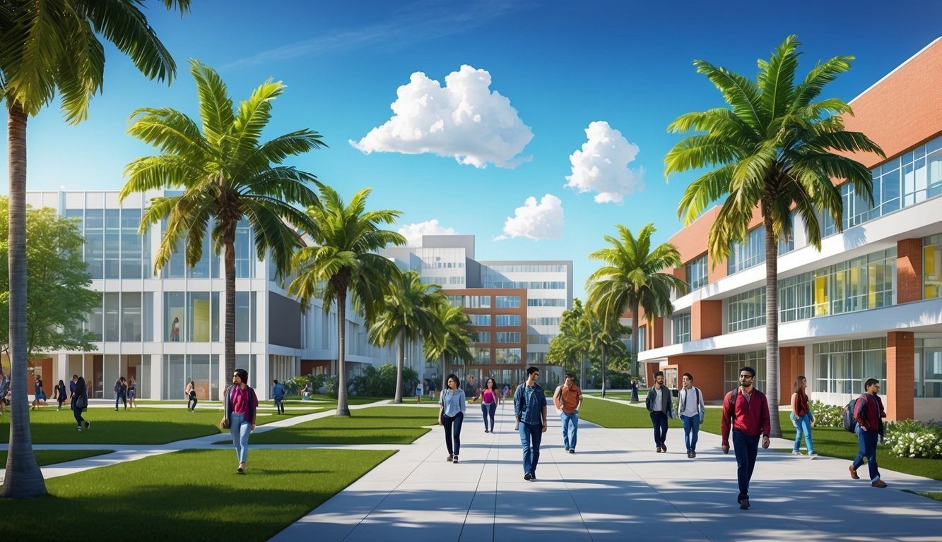 Students walking on a college campus with palm trees and buildings