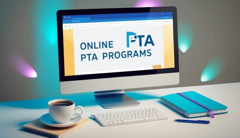 Computer screen displaying "Online PTA Programs" with coffee, keyboard, and notebook