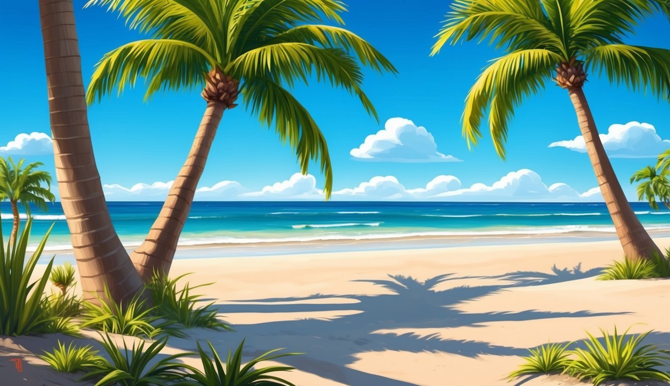 A sunny Florida beach with palm trees and a clear blue sky