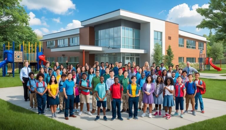Group of students and teachers posing in front of a school building