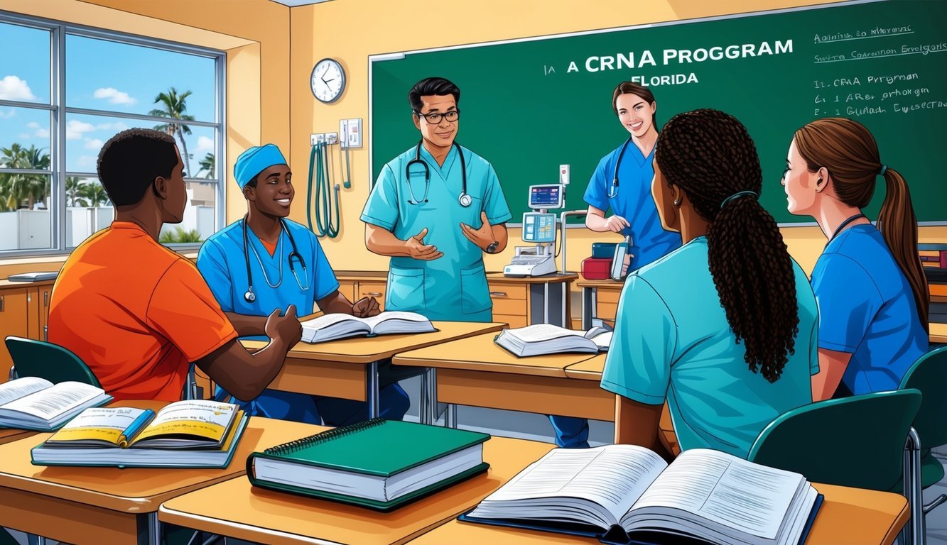 A classroom setting with medical equipment, textbooks, and a teacher instructing students in a CRNA program in Florida